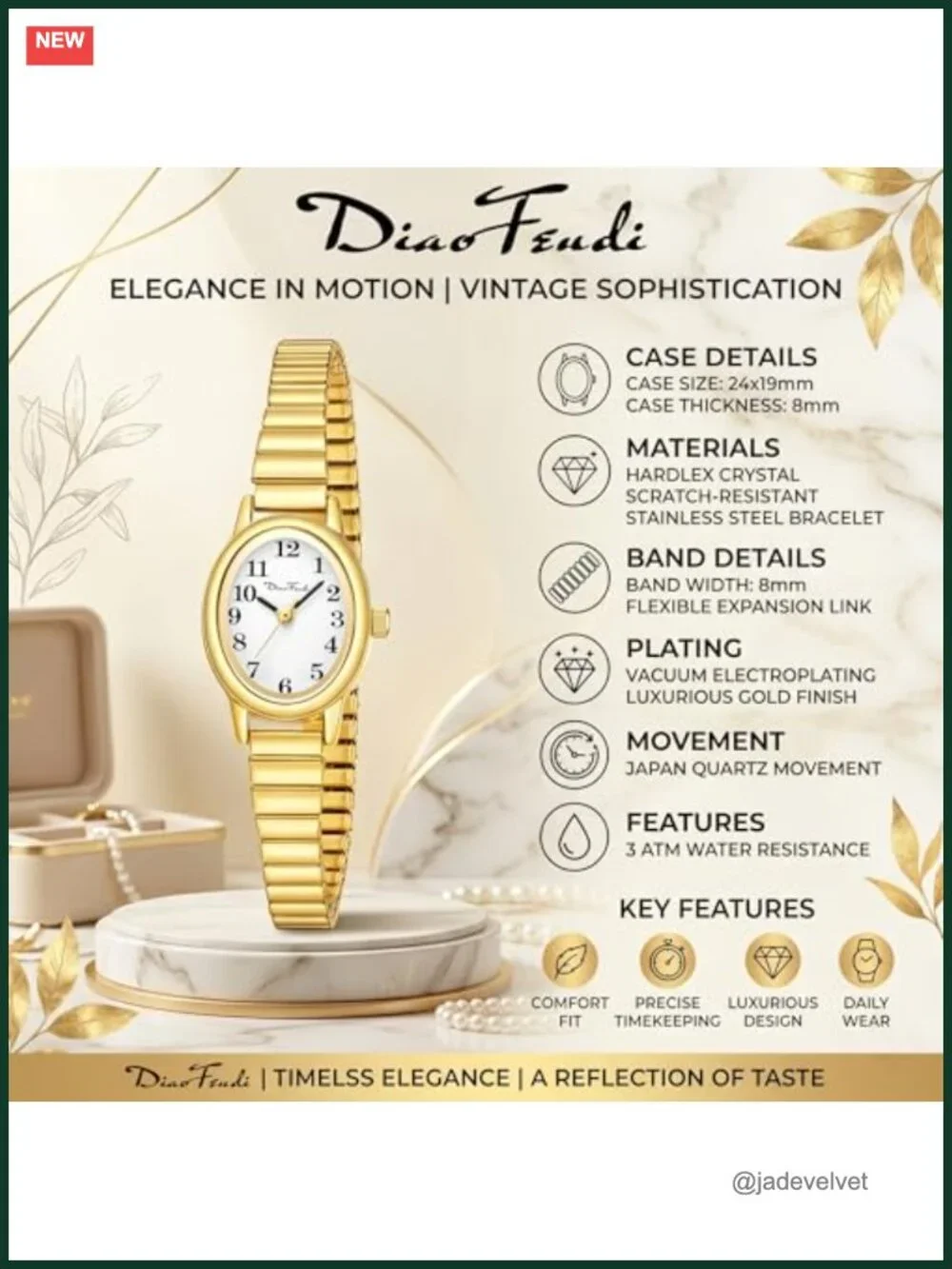 Women's Gold Expansion Band Watch Japanese Quartz Water Resistant